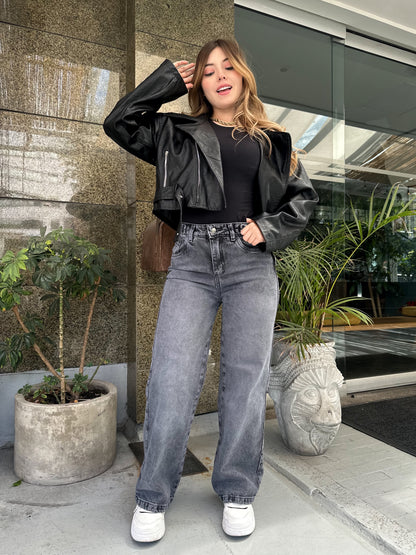 Jean wide leg mujer ajuste cintura tono gris