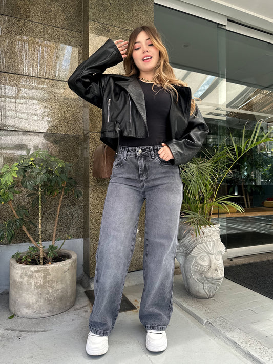 Jean wide leg mujer ajuste cintura tono gris