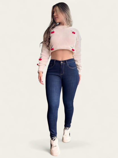 Jean skinny tiro alto levanta cola tono azul oscuro