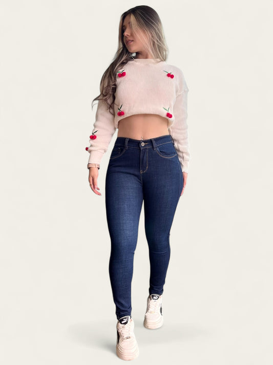 Jean skinny tiro alto levanta cola tono azul oscuro