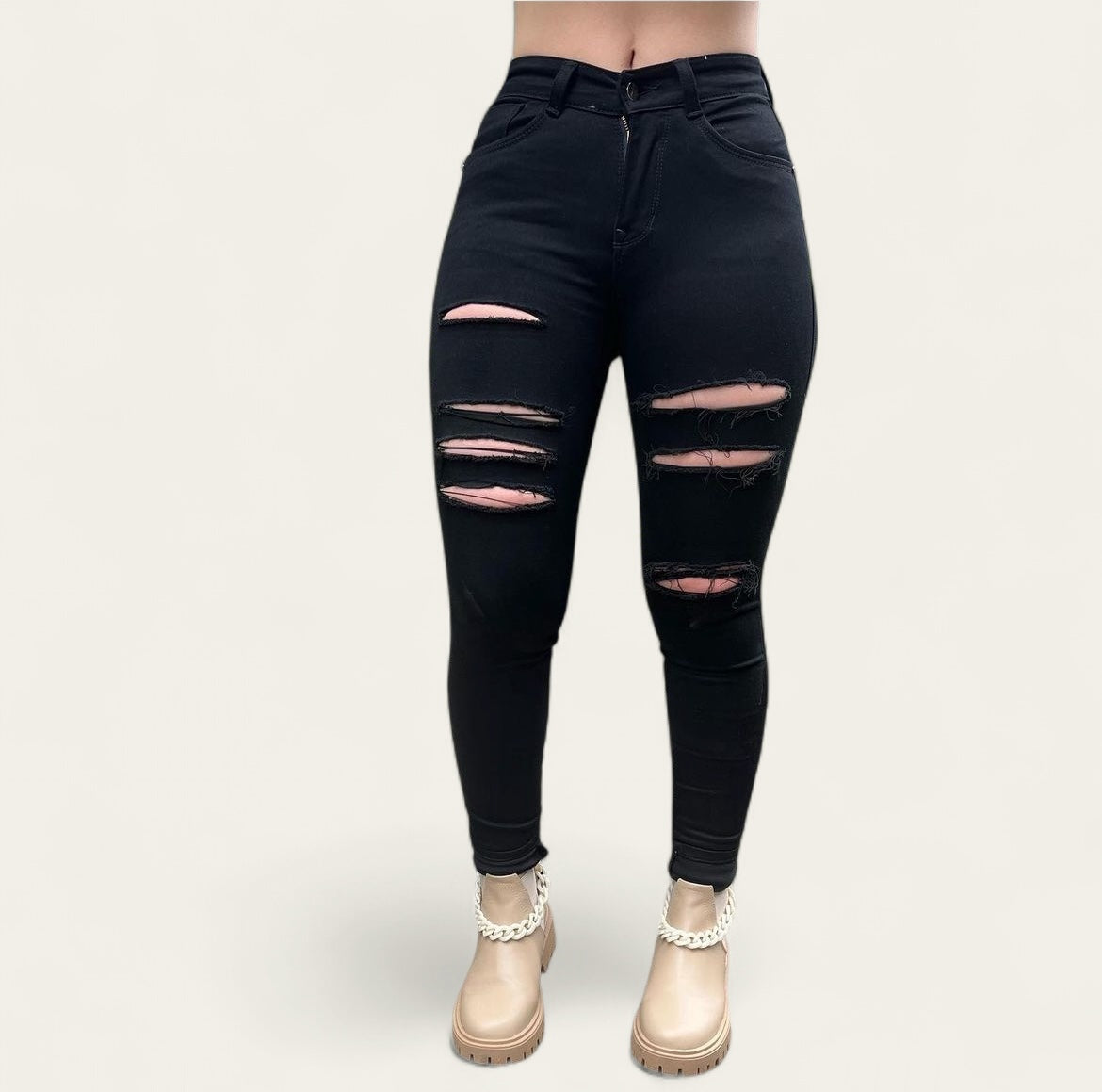 Jean Skinny Mujer stretch tiro alto levanta cola Negro