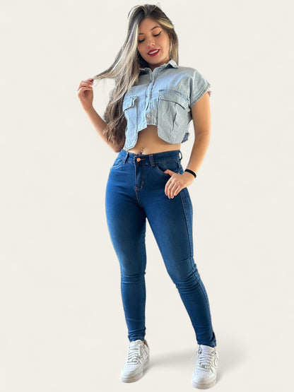 Jean skinny tiro alto mujer strech levanta cola tono azul medio
