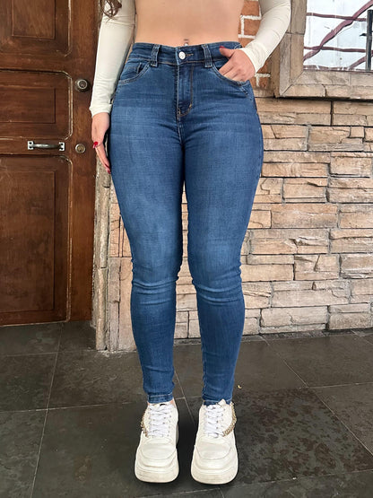 Jean skinny mujer tiro alto levanta cola azul clásico