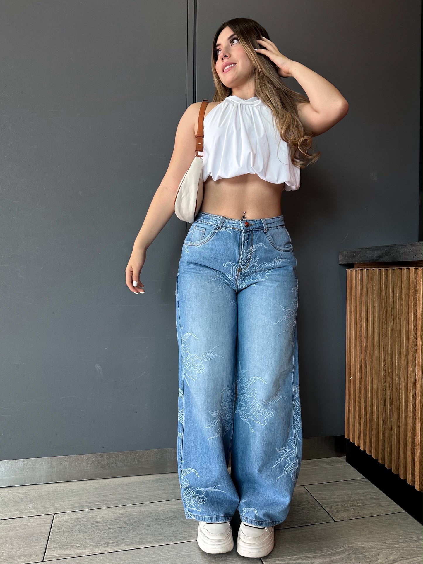 Jean wide leg mujer tela bordada