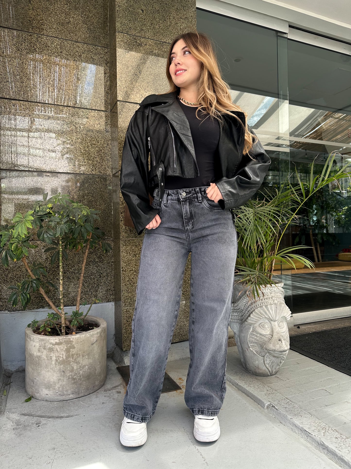 Jean wide leg mujer ajuste cintura tono gris