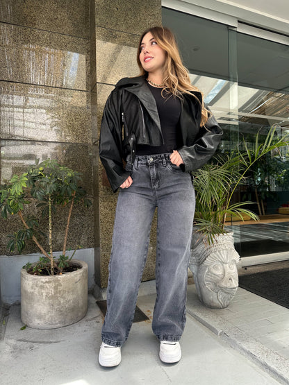 Jean wide leg mujer ajuste cintura tono gris