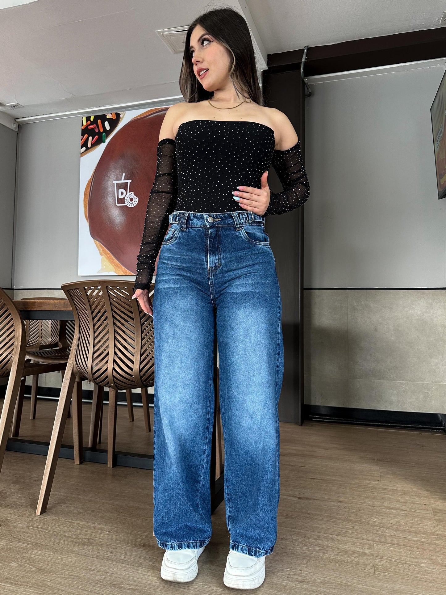 Jean wide leg mujer ajuste cintura azul medio