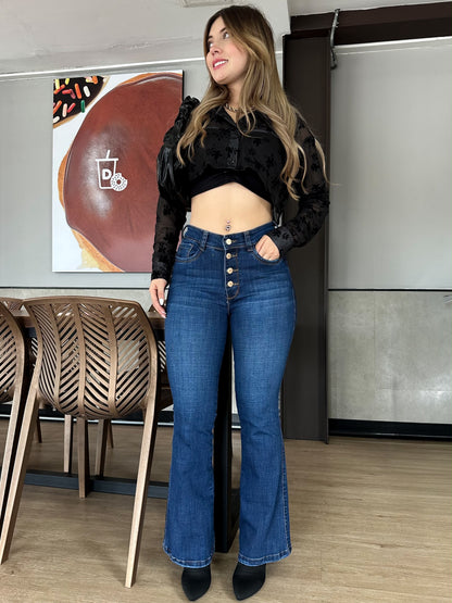 Jean Flare europeo Mujer tiro alto levanta cola tono azul clásico
