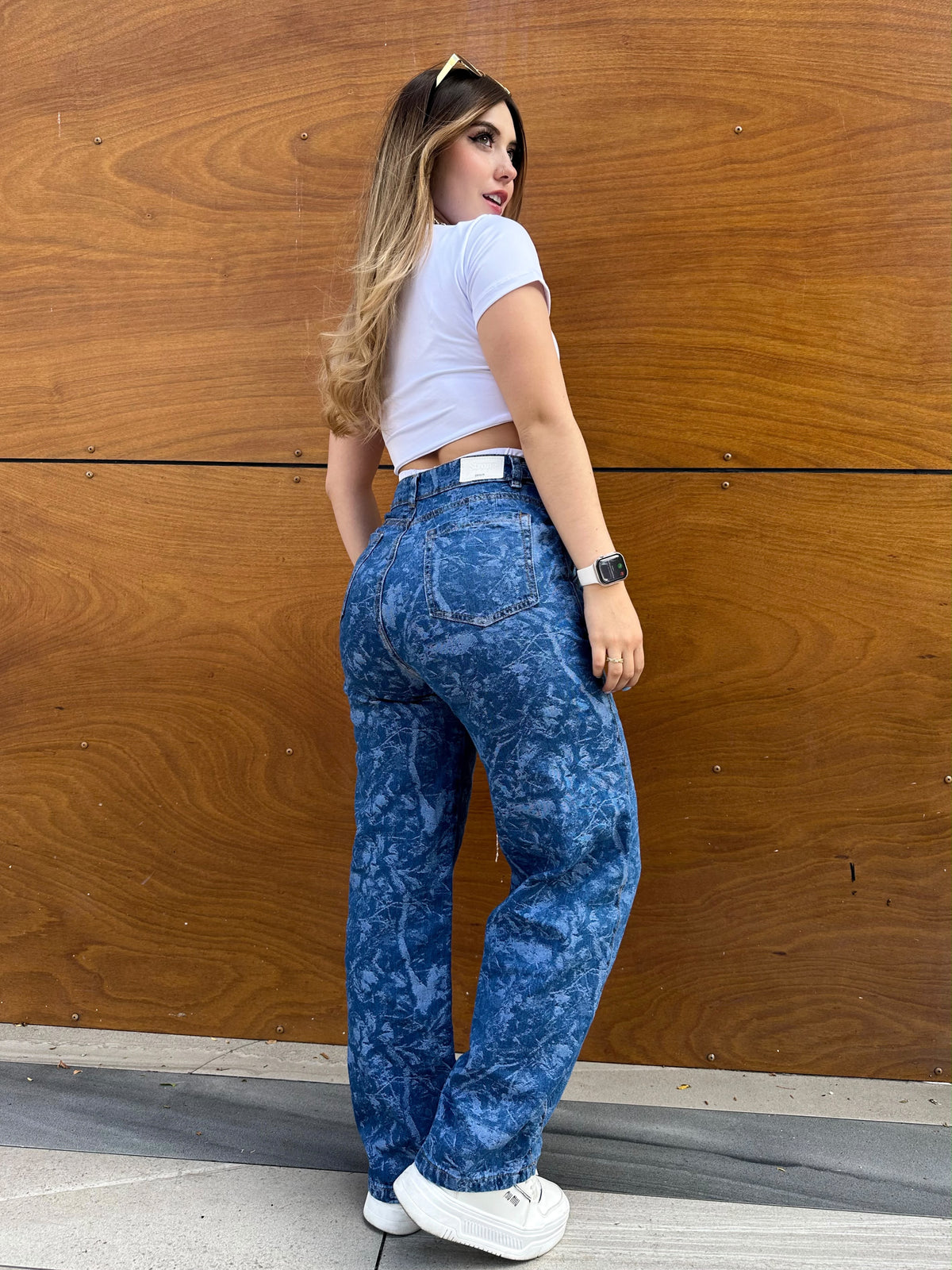 Jean baggy mujer estampado tono azul oscuro