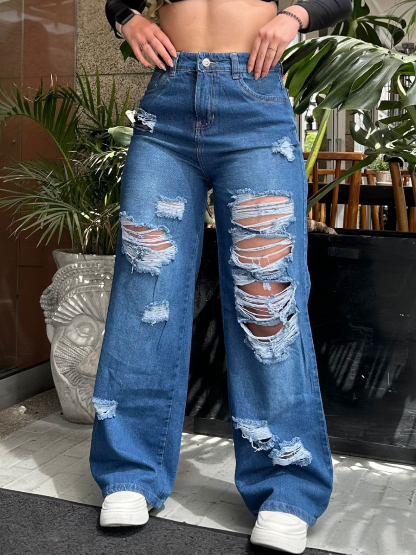 Jean wide leg mujer azul con rotos