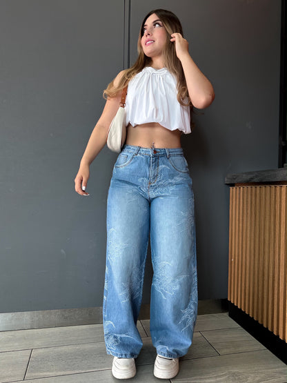 Jean wide leg mujer tela bordada