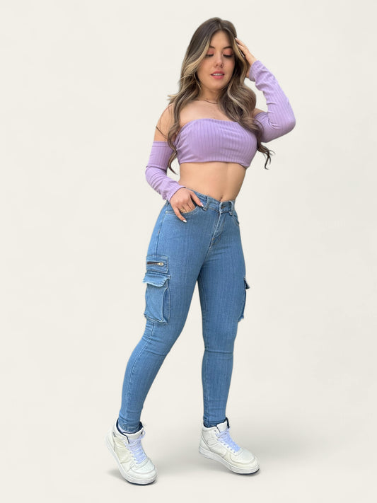 Jean skinny mujer tiro alto cargo tono claro