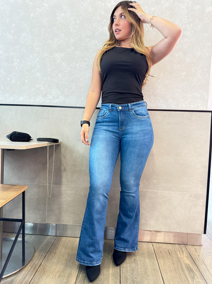 Jean Flare Mujer tiro alto levanta cola tono azul medio