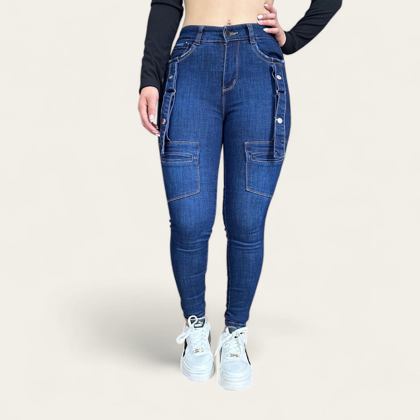 Jean Skinny a cargo Mujer tiro alto Tono azul Clasico