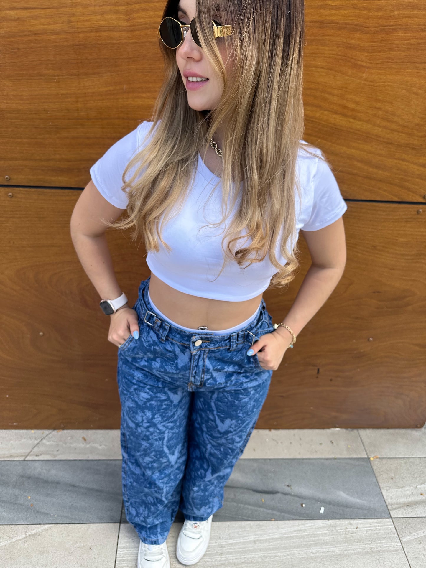 Jean baggy mujer estampado tono azul oscuro