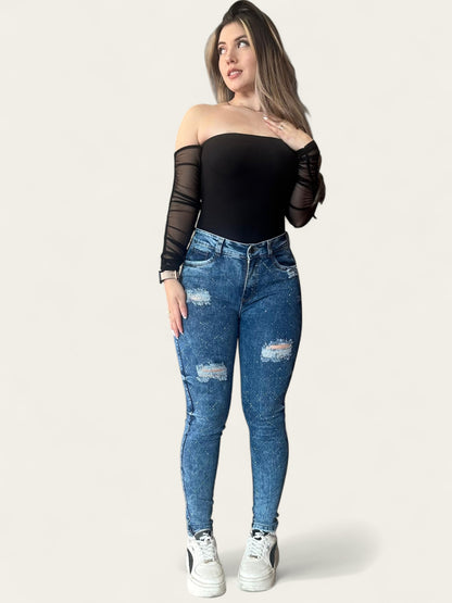 Jean skinny tiro alto stretch y levanta cola con Brillos