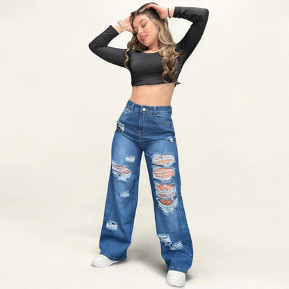 Jean wide leg mujer azul con rotos