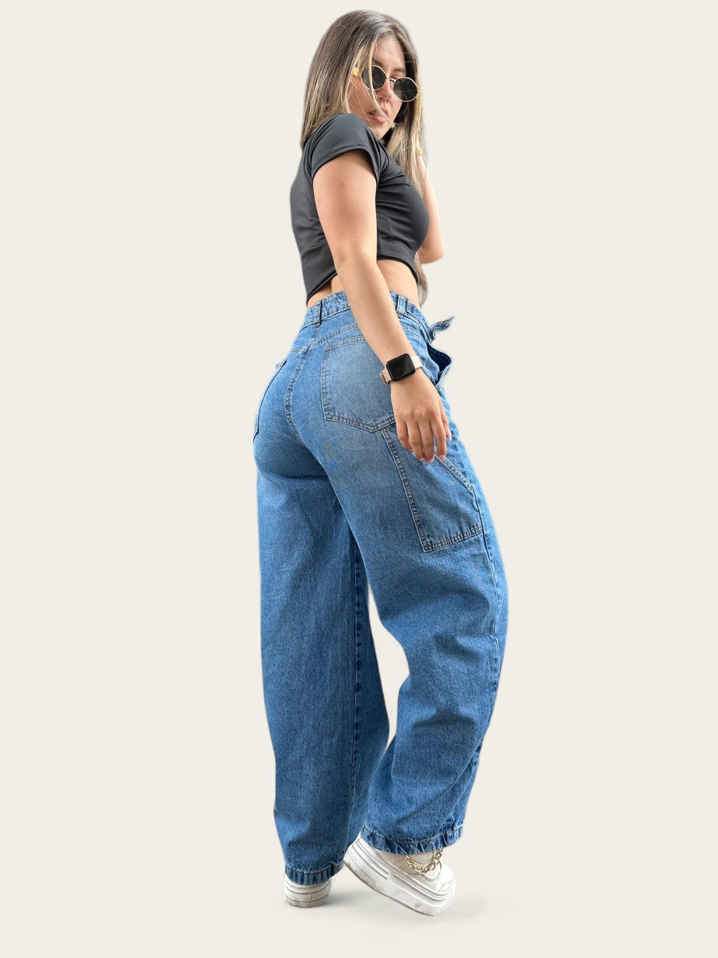 Jean baggy con ajuste de cintura tono azul