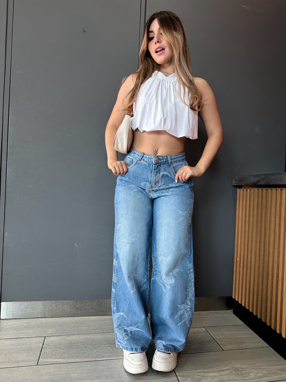Jean wide leg mujer tela bordada