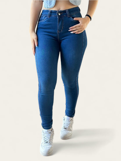 Jean skinny tiro alto mujer strech levanta cola tono azul medio