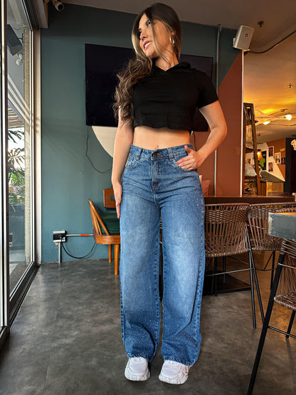 Jean wide leg azul todo brillos