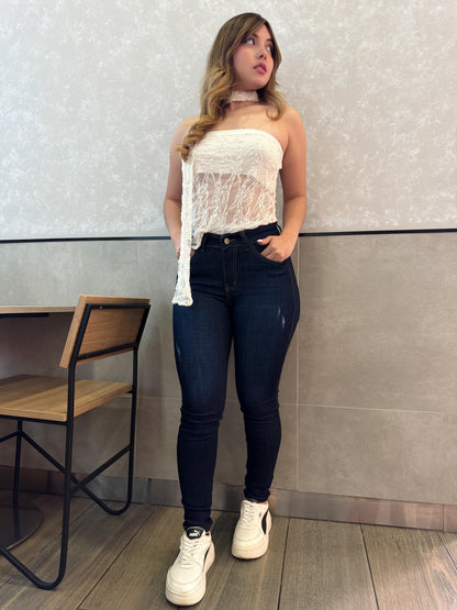 Jean skinny mujer tiro alto levanta cola azul oscuro