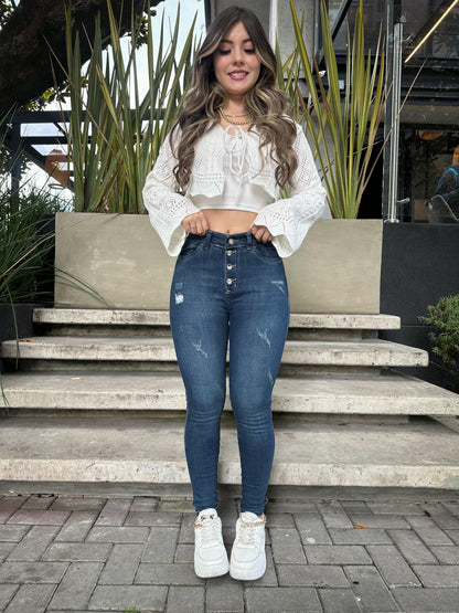 Jean skinny mujer tiro alto levanta cola tono azul oscuro