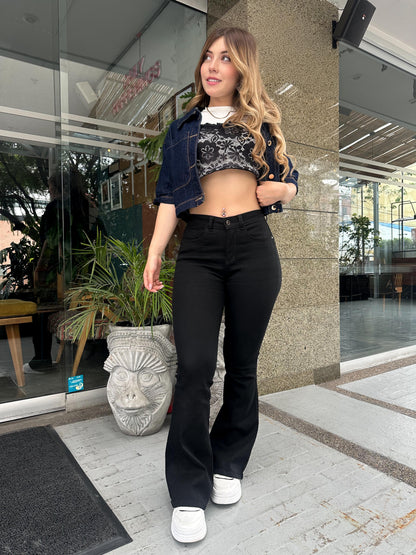 Jean Flare Mujer tiro alto levanta cola tono azul tono negro