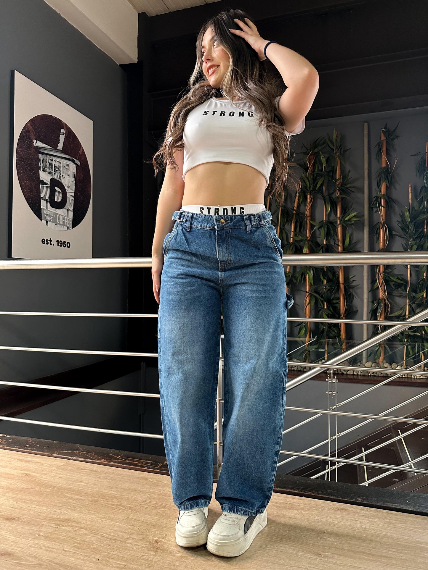 Jean baggy con ajuste de cintura tono azul