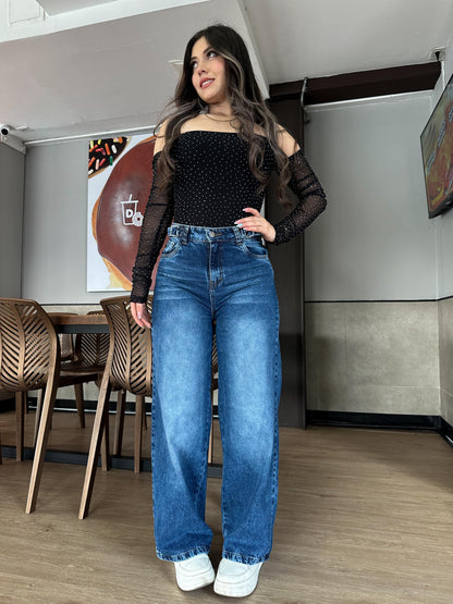 Jean wide leg mujer ajuste cintura azul medio