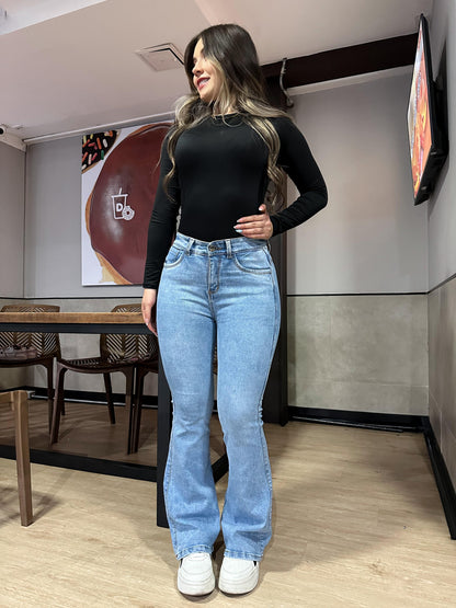 Jean Flare Mujer tiro alto levanta cola tono azul
