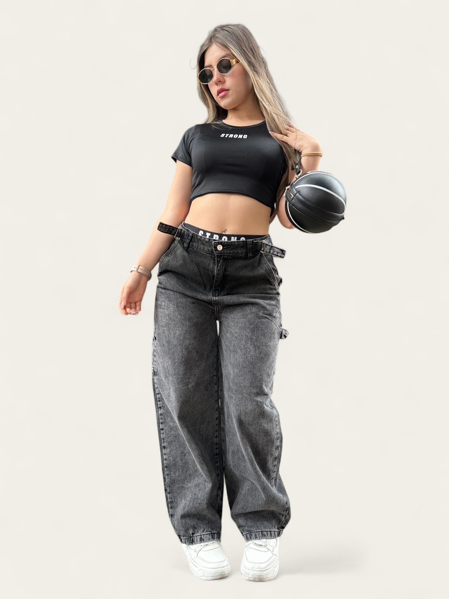 Jean baggy con ajuste de cintura tono gris