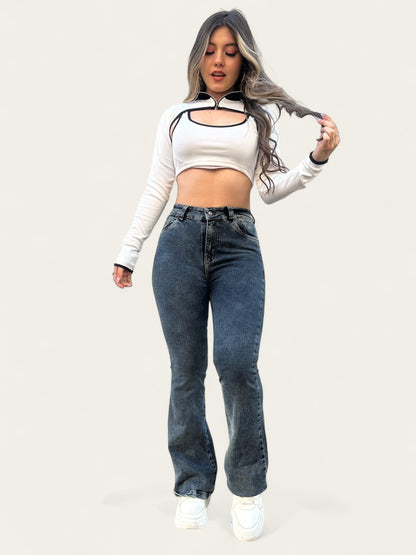 Jean flare mujer tono verdoso