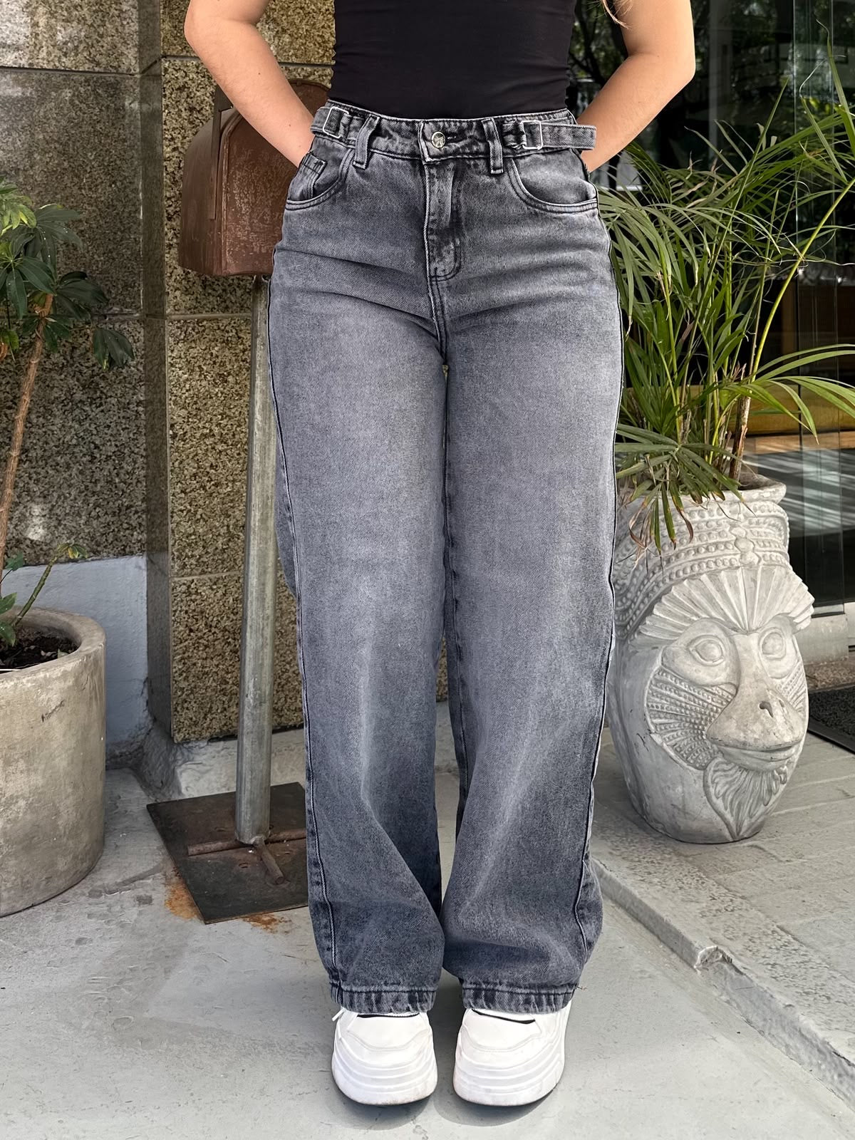 Jean wide leg mujer ajuste cintura tono gris
