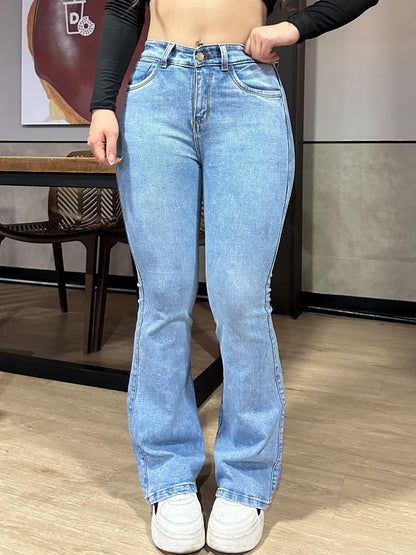 Jean Flare Mujer tiro alto levanta cola tono azul