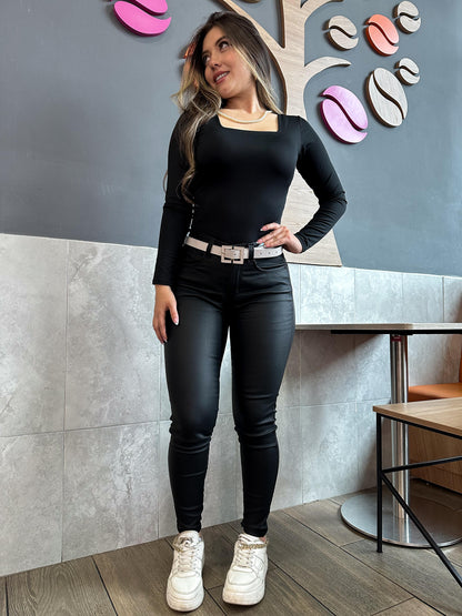 Pantalon Skinny  Mujer tiro alto stretch Efecto cuero