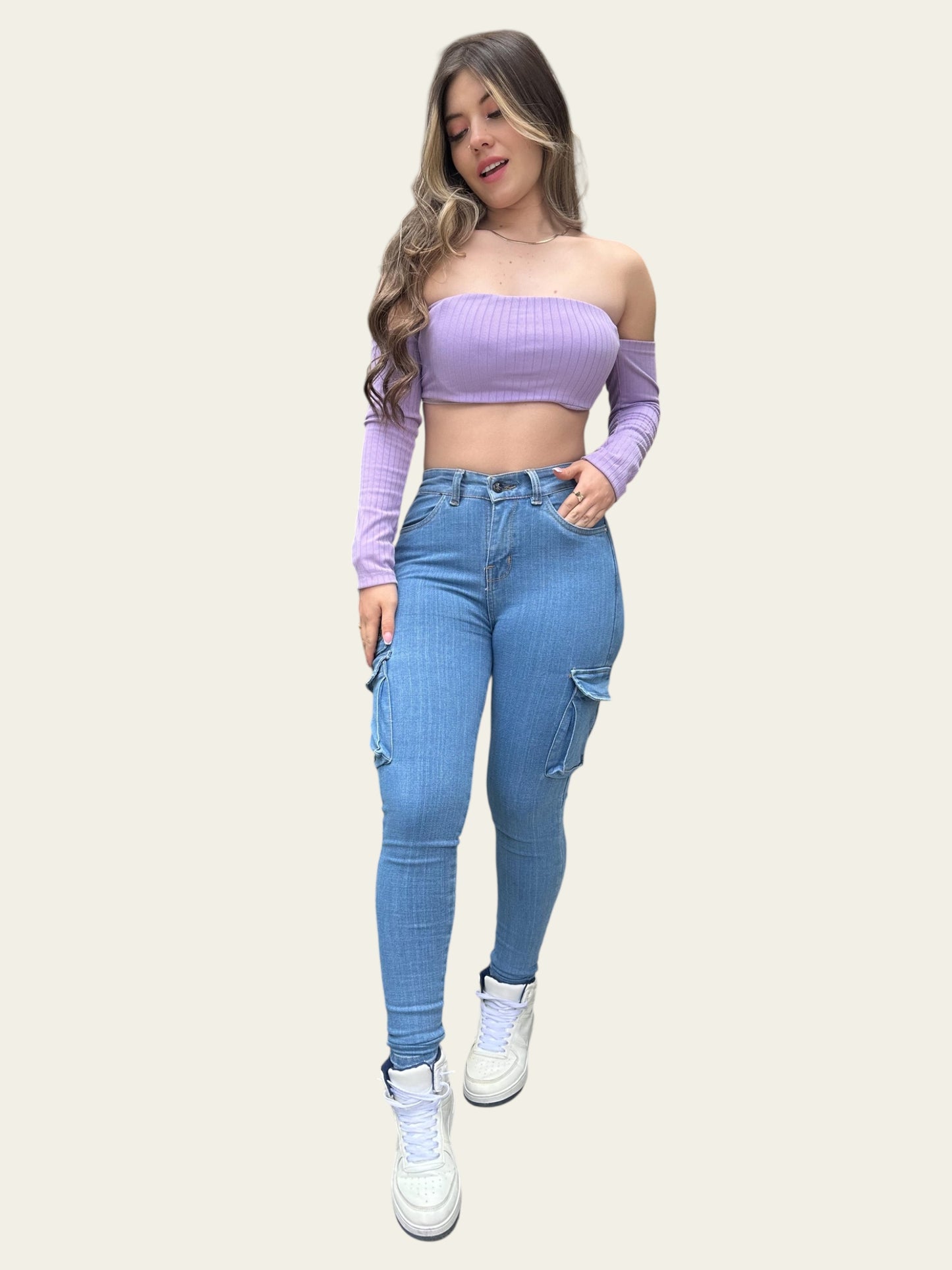 Jean skinny mujer tiro alto cargo tono claro