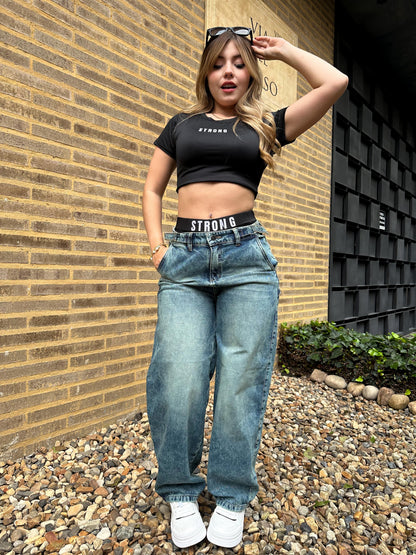Jean baggy con ajuste de cintura tono verdoso