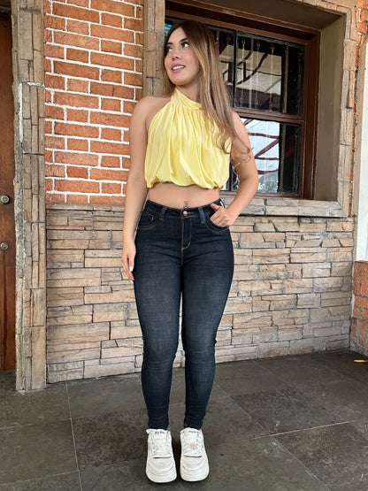 Jean skinny mujer tiro alto levanta cola azul oscuro