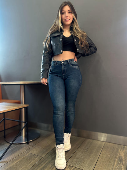 Jean skinny mujer tiro alto levanta cola tono azul verdoso