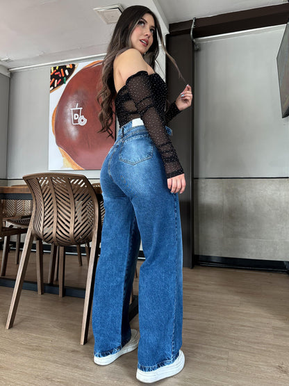 Jean wide leg mujer ajuste cintura azul medio
