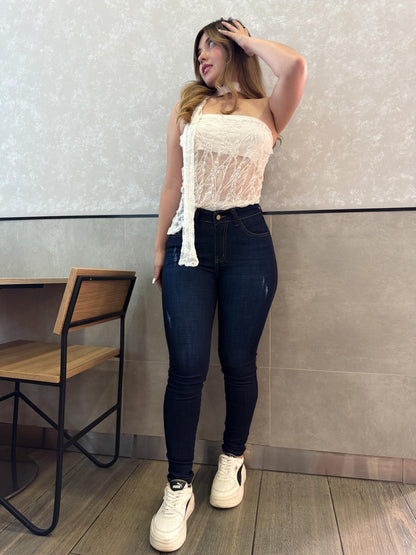 Jean skinny mujer tiro alto levanta cola azul oscuro