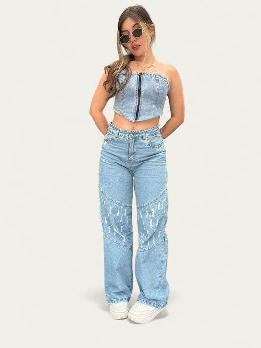 Jean wide leg tono azul claro