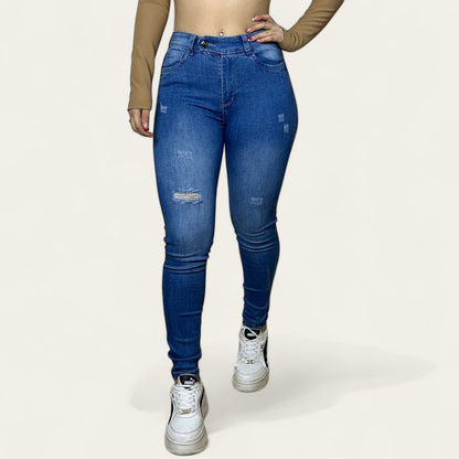 Jean Skinny Mujer stretch tiro alto levanta cola Azul medio detalle botón