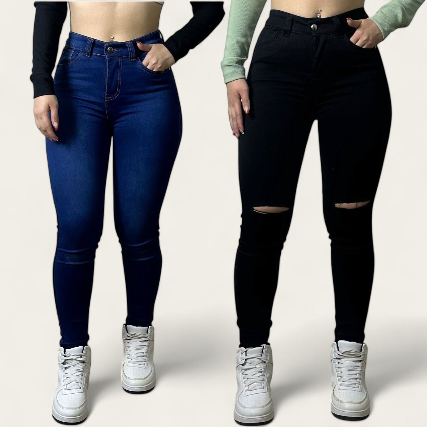 pack 2 jeans Skinny Tiro alto levanta cola Azul y Negro